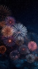 Vibrant fireworks explode in the night sky above a glowing cityscape, celebrating a festive event or national holiday with bright colors.