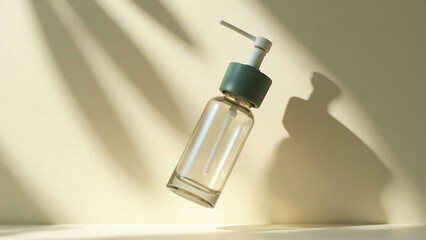 Obraz premium Elegant Empty Bottle with Shadow Play Minimalist Dispenser on a Soft Background, Perfect for Beauty and Health Product Mockups