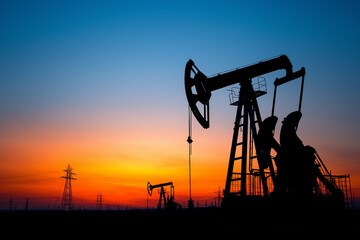An oil pump silhouette stands against a dusk sky of orange and blue, framed by powerline towers and shadowed structures&mdash;capturing industrial stillness and energy at sunset.