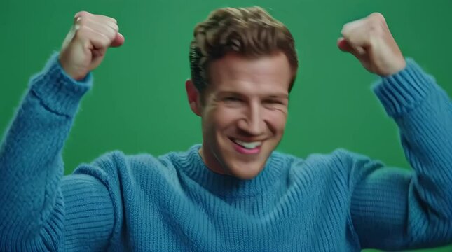 Joyful Achievement: A radiant man expresses triumphant elation with raised fists, showcasing the pure embodiment of success against a vibrant backdrop.