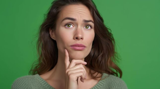 Introspective Woman: A captivating portrait of a thoughtful woman, her gaze lifted, as she contemplates the weight of the world with a backdrop of vibrant green, expressing inner focus.