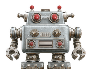 Retro robot toy metallic body red lights mechanical arms isolated on transparency background vintage style playful expression nostalgic futuristic collectible