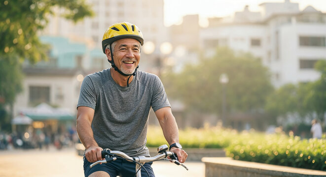 Senior man wearing helmet riding bicycle in city park