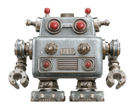 Retro robot toy metallic body red lights mechanical arms isolated on transparency background vintage style playful expression nostalgic futuristic collectible
