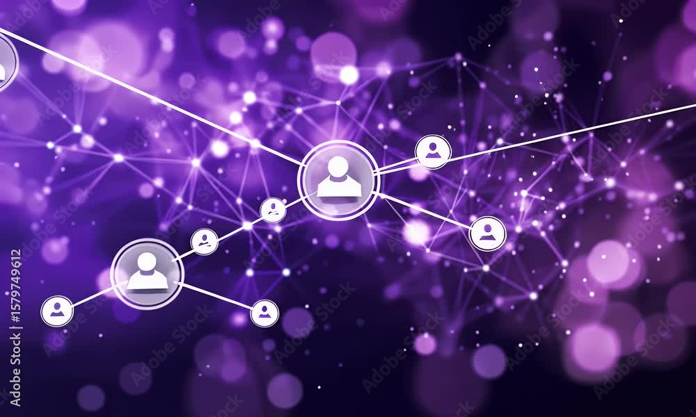 Poster a purple background with swirling patterns and dots representing data flow, symbolizing the ai circu