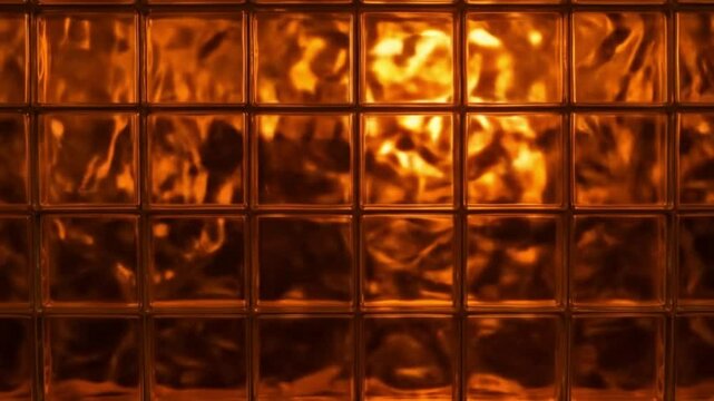 A close up view of a glass block wall with an orange glow behind it creating a textured effect