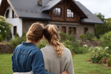 Two women stand arm-in-arm in a beautiful garden, admiring their new house together, celebrating love, real estate, and fresh beginnings.