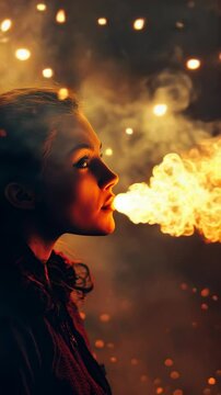 A woman with a fire in her mouth