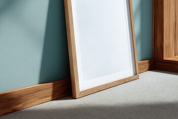 Close-up of a vertical wooden frame with blank white space, leaning against a blue wall on carpeted floor with natural sunlight.