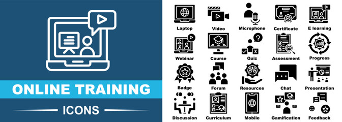 online training icon collection set.Laptop,Video,Microphone,Certificate,E learning,Webinar,Course.Flat icon collection.