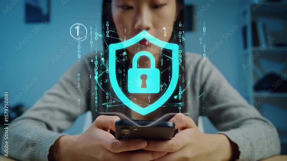 Poster asian woman using smartphone with digital shield and lock hologram displaying advanced data protecti