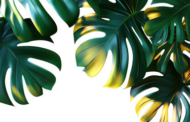 Lush monstera leaves with vibrant green hues and striking yellow highlights create tropical ambiance, perfect for adding touch of nature to any space