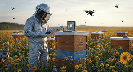 Beekeeper using modern technology monitoring beehives in sunflower field
