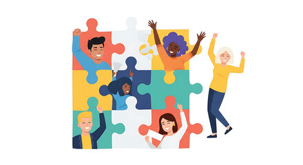 Diverse Team Celebrating Success with Colorful Puzzle Pieces and Cheerful Expressions.