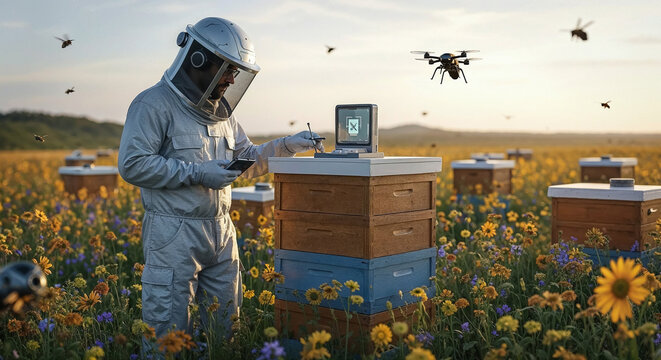 Beekeeper using modern technology monitoring beehives in sunflower field