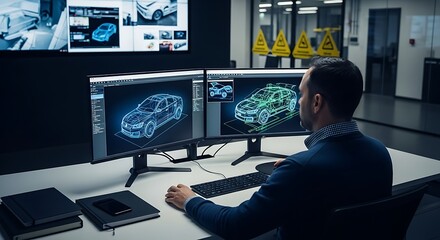 Automotive Engineer Designing Cars on Dual Monitors