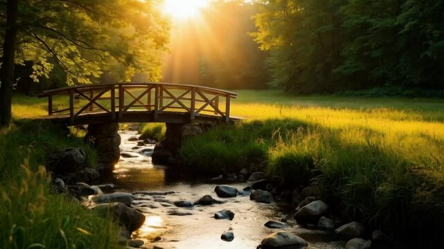 Wooden bridge over a stream in a forest at sunset with sun rays shining through the trees landscape video