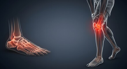 Obraz premium Illustration depicting foot and leg bones with highlighted red areas indicating pain or inflammation in the ankle and knee joints.