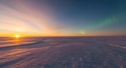Arctic sunrise over a vast, snow-covered plain, with aurora borealis.