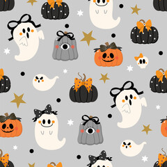 Happy halloween seamless pattern and background  with spooky pumpkin, ghost, cute bow and ribbon. Holidays cartoon character. -Vector