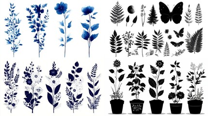 Assortment of floral elements in various styles watercolor blue, silhouettes, and line art