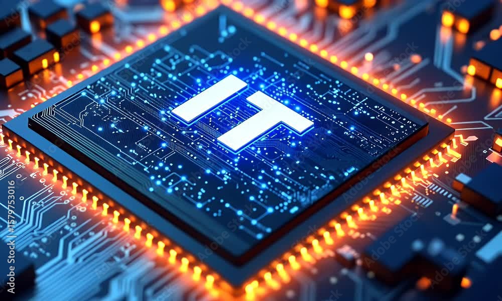 Poster digital icon of information technology it with it letters on a blue circuit board background, symbol