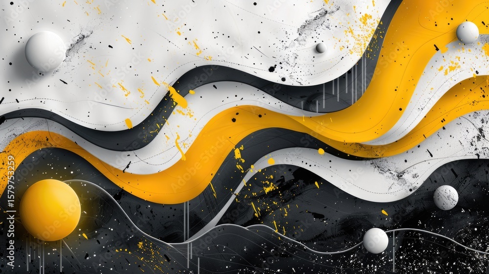 Poster geometric abstract composition with yellow, black, and white shapes. background image of 3d renderin