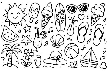 Summer Vacation Doodle Icons &ndash; Black and White Line Art Vector Set