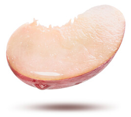 White Snow  Peach drop from the air isolated on white background, Fresh White Peach on White Background With clipping path.