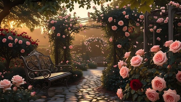 Enchanting rose garden path with ornate bench at sunrise