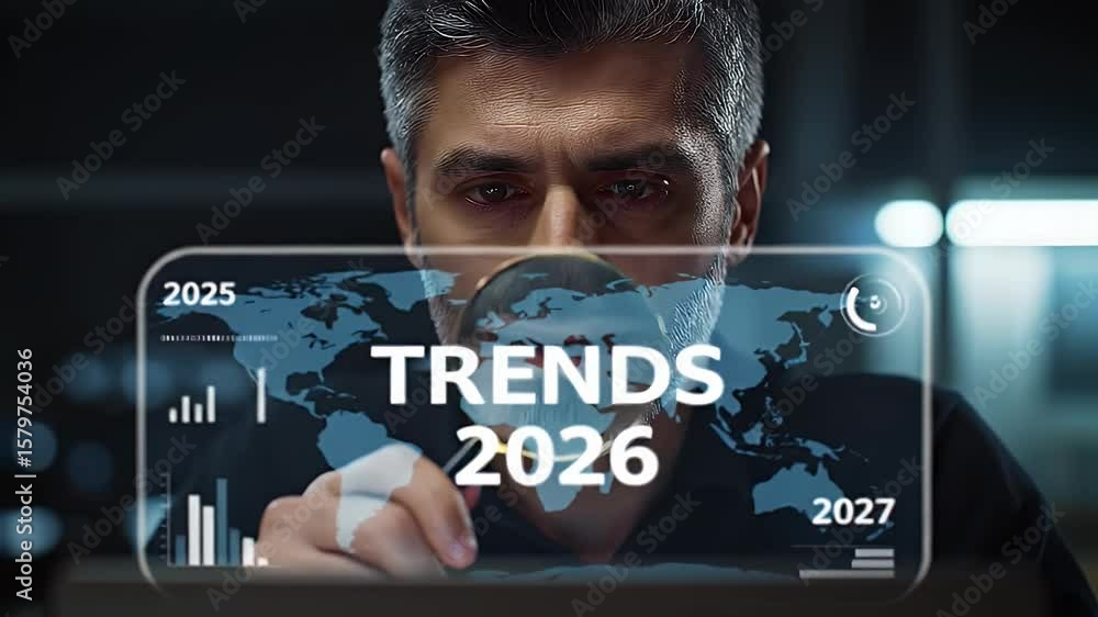 Poster man analyzes 2026 trends on digital interface displaying world map bar graphs and time scale in dark
