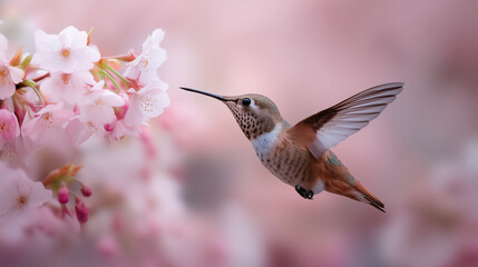 Fototapeta premium Hummingbird hovering near soft pink cherry blossoms with blurred background, spring floral wildlife concept for nature, romantic, or seasonal use