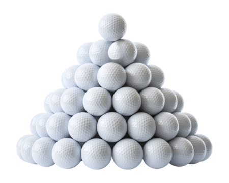 Golf balls arranged in a neat pyramid pattern against a dark backdrop create a striking visual, transparent background - Powered by Adobe