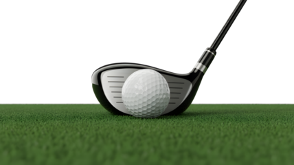 Golf ball ready for a swing with a club on a lush green lawn surface, transparent background