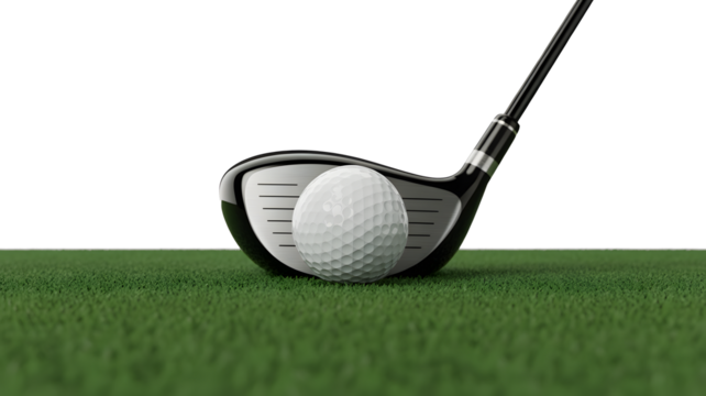 Golf ball ready for a swing with a club on a lush green lawn surface, transparent background