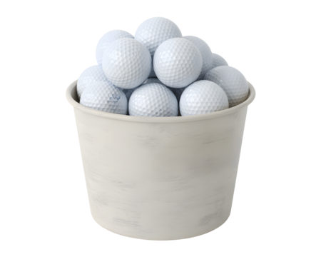 A pail overflowing with textured white golf balls against a dark, transparent background.