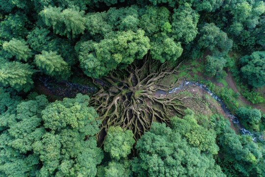 Aerial view of a large, sprawling tree with exposed roots surrounded by dense green forest and a small stream flowing nearby.