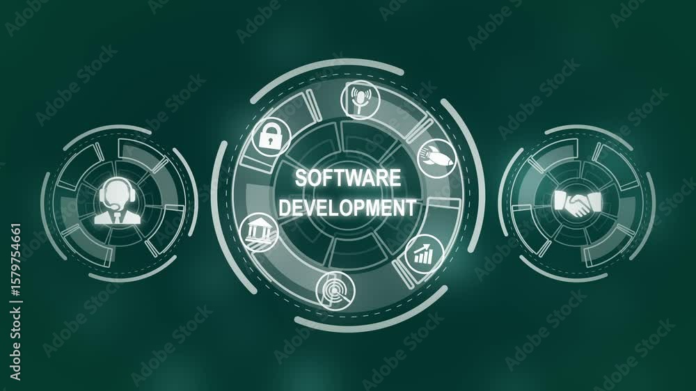 Poster inscription software development on the virtual display. business, modern technology, internet and n