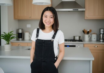 Photo of a cheerful woman smiles in her modern and wellequipped kitchen