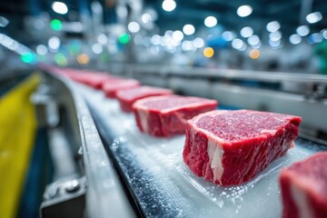 Fresh red meat cuts are lined up on a conveyor belt in a high-tech, industrial processing facility with bright lighting and a clean environment.