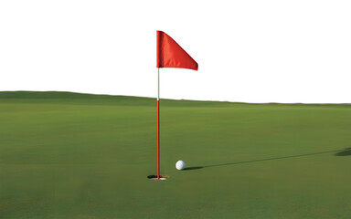 Obraz premium Golf ball rests near the hole on a green golf course with red flag and transparent background.