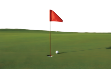 Golf ball rests near the hole on a green golf course with red flag and transparent background.