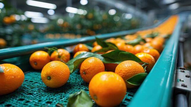 Fresh oranges with leaves on a conveyor belt inside a modern fruit processing facility.