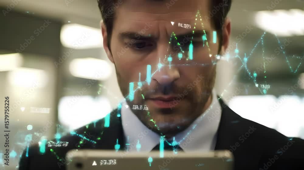Aufkleber man in suit looks at tablet with digital overlay of graphs and financial information displayed