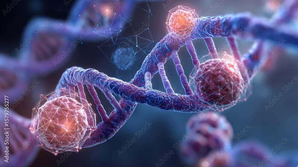 Poster a detailed 3d rendering of a dna double helix with glowing molecular structures, symbolizing genetic