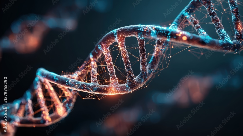 Poster a glowing, digital representation of a dna double helix strand with interconnected nodes and lines, 