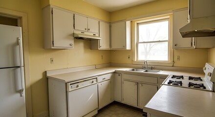 A well-lit, outdated kitchen featuring white appliances and cabinetry, with a bright window.