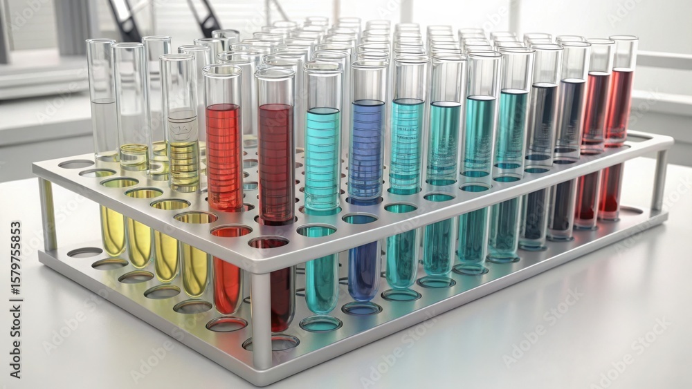 Poster rack of test tubes with various colored liquids in laboratory setting