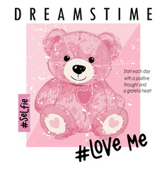 Modern and adorable vector illustration of a pink teddy bear with a heart patch. Perfect for t-shirts, stickers, posters, notebooks and youth designs.