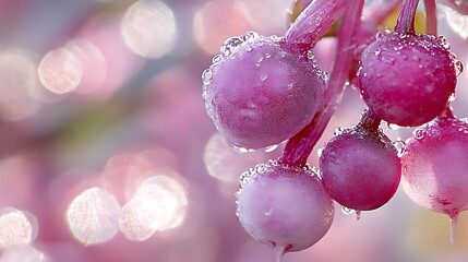 Shimmering water droplets on vibrant pink berries create a bokeh effect